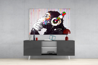 Ape With Headphones Glass Wall Art