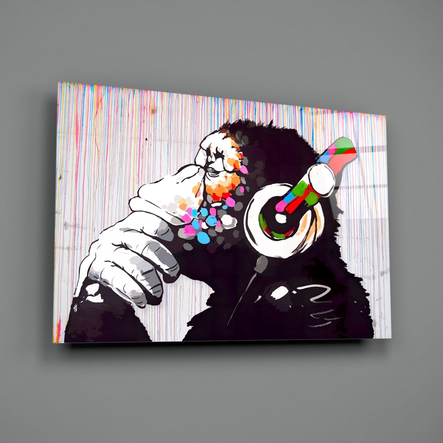 Ape With Headphones Glass Wall Art