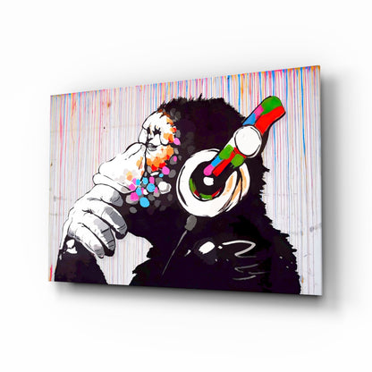 Ape With Headphones Glass Wall Art