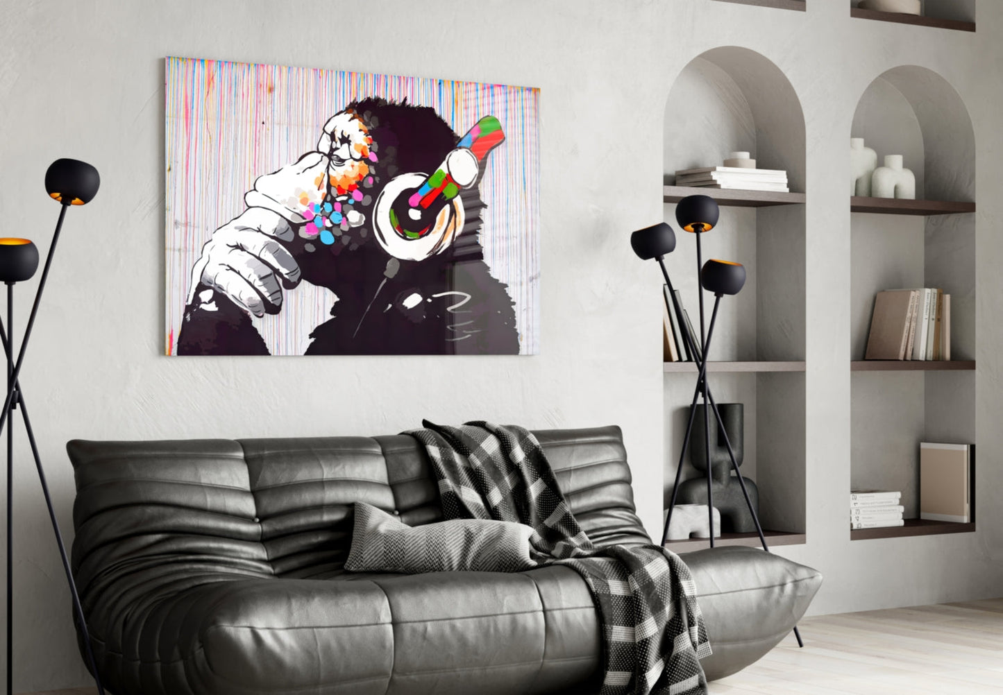 Ape With Headphones Glass Wall Art