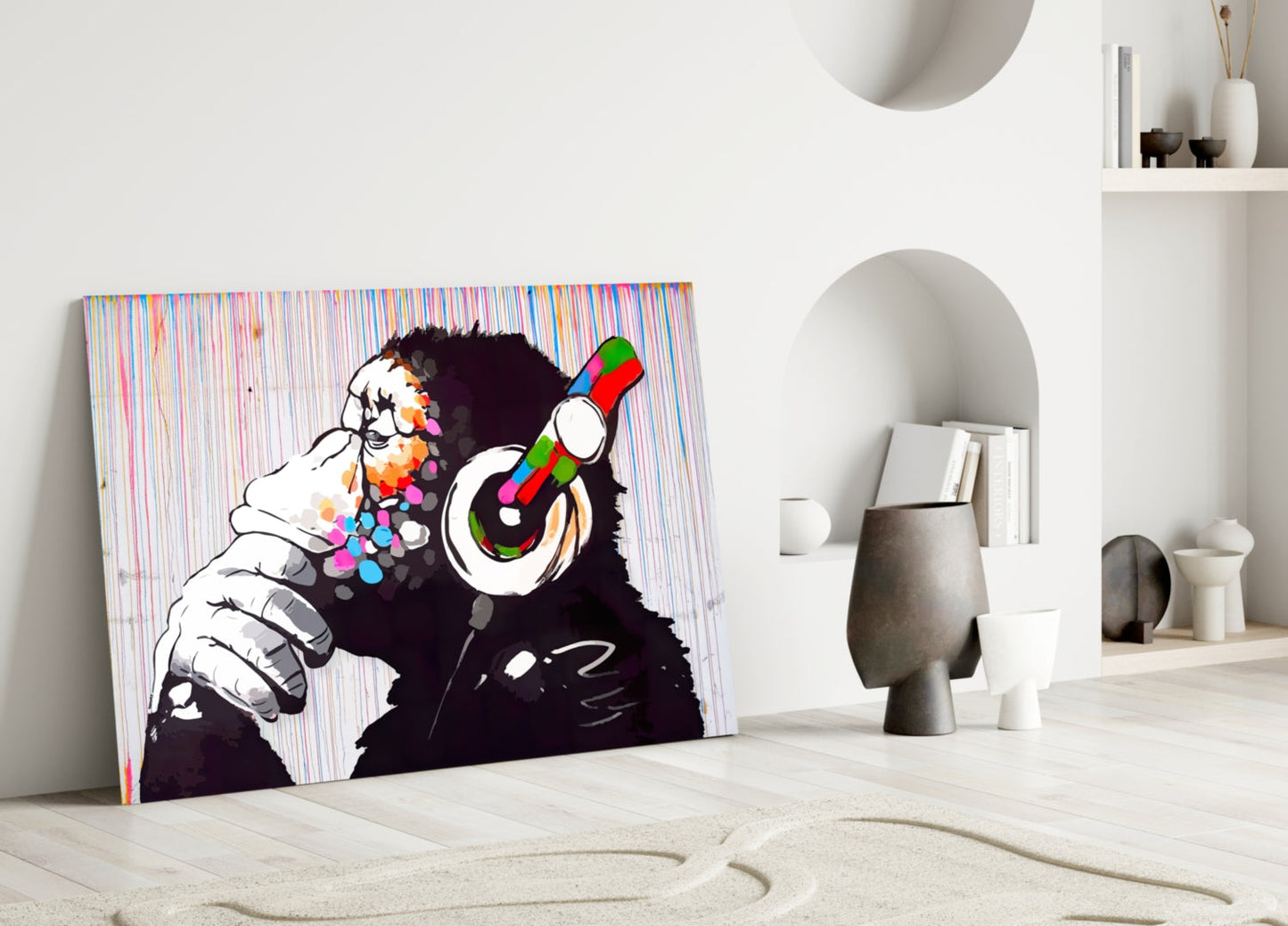 Ape With Headphones Glass Wall Art