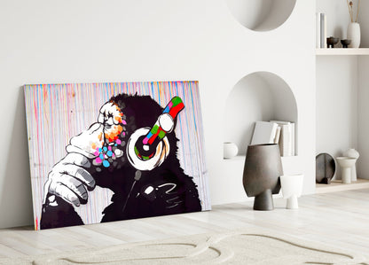 Ape With Headphones Glass Wall Art