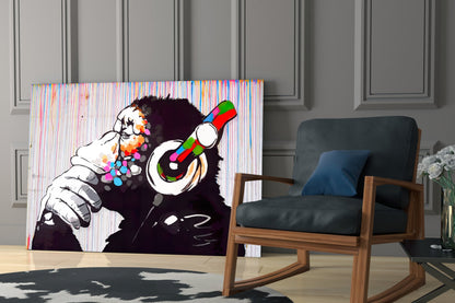 Ape With Headphones Glass Wall Art