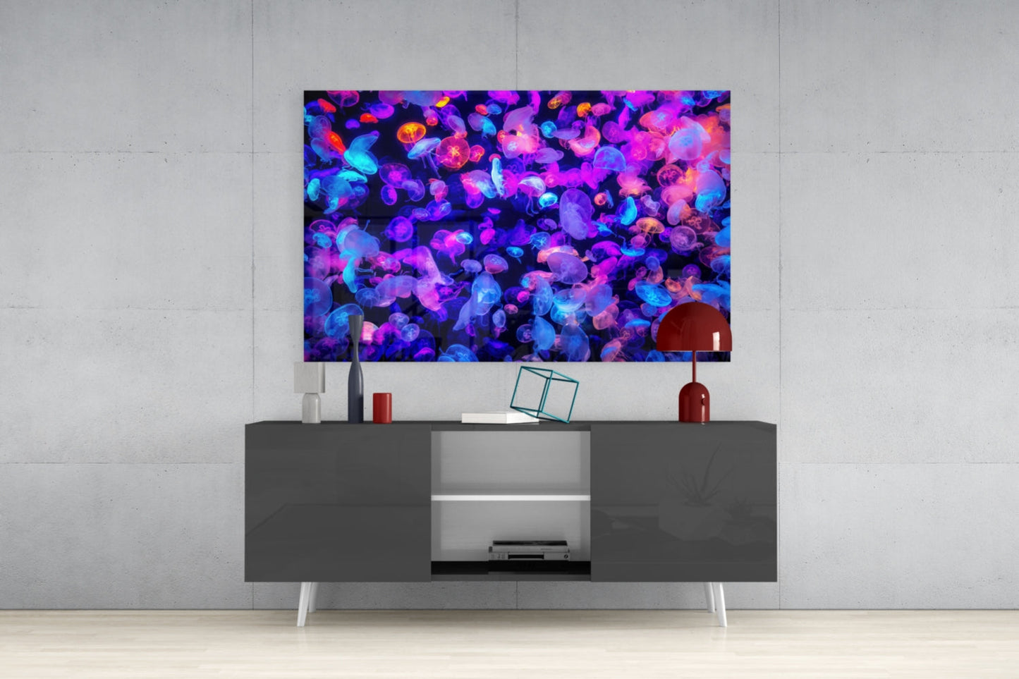 Glowing Neon Jellyfish Bloom Glass Wall Art