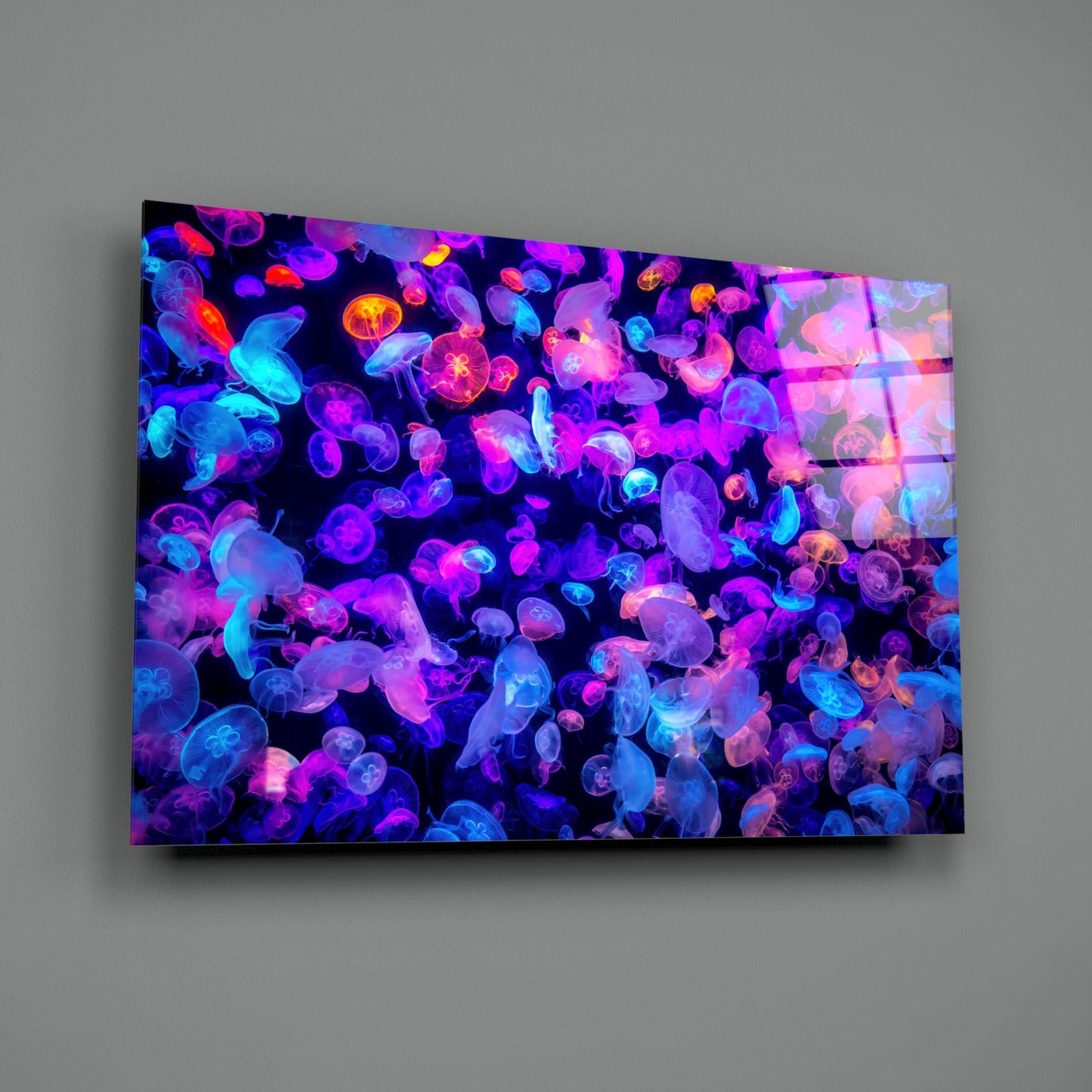 Glowing Neon Jellyfish Bloom Glass Wall Art