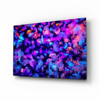 Glowing Neon Jellyfish Bloom Glass Wall Art