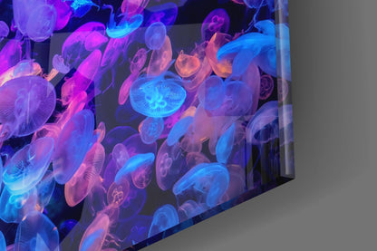 Glowing Neon Jellyfish Bloom Glass Wall Art