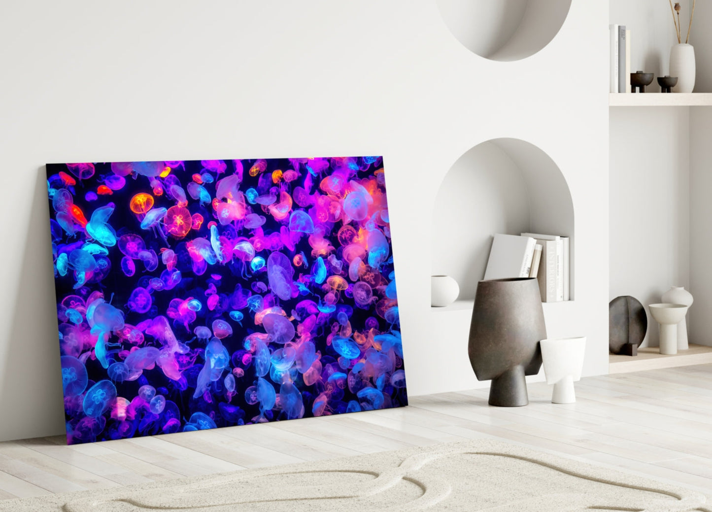 Glowing Neon Jellyfish Bloom Glass Wall Art