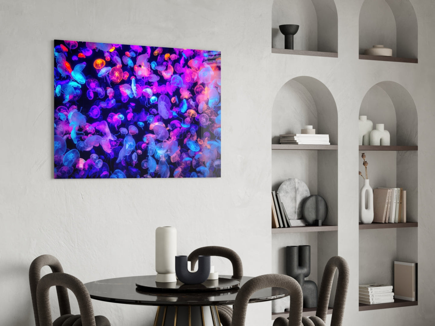 Glowing Neon Jellyfish Bloom Glass Wall Art