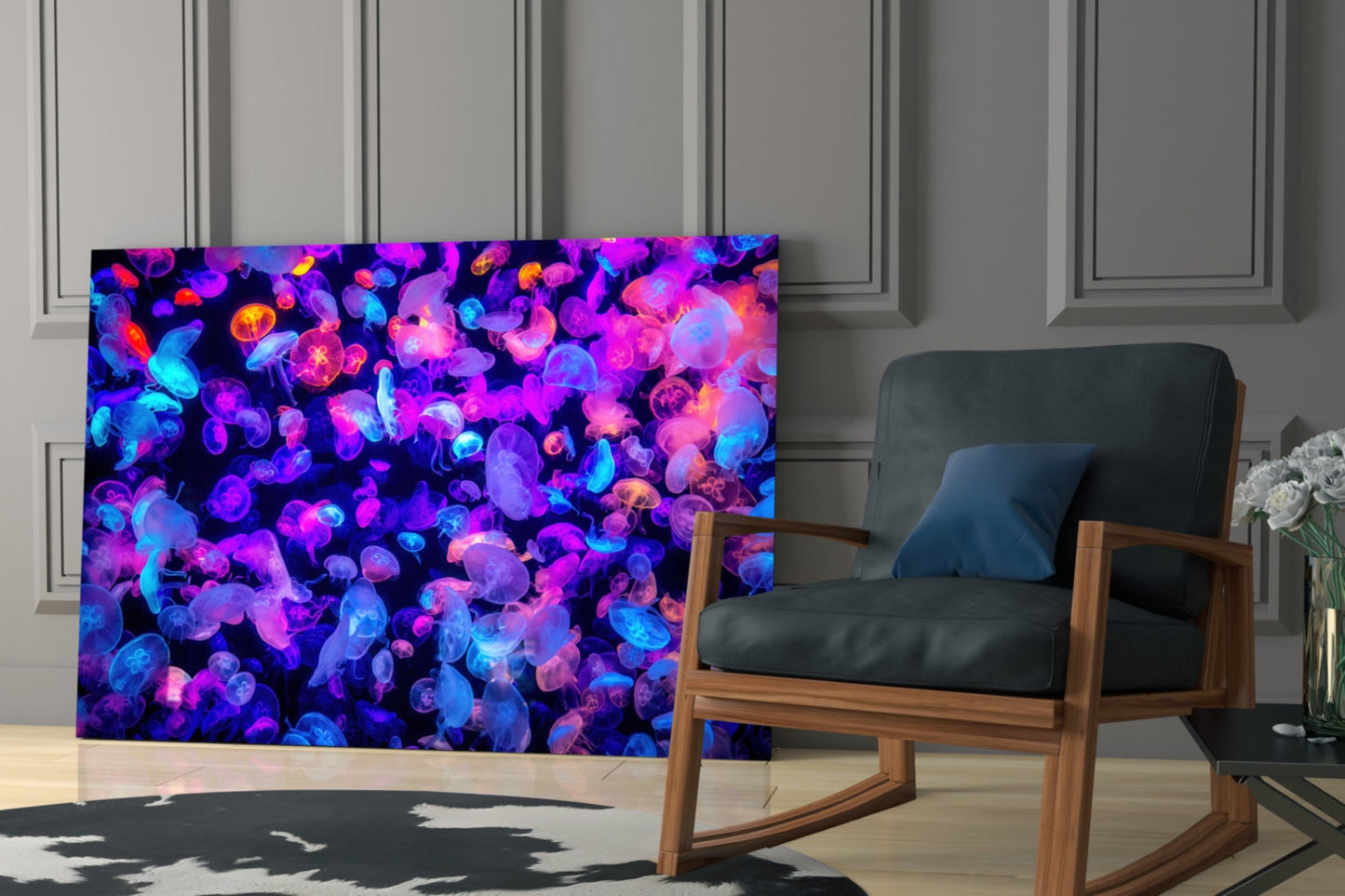 Glowing Neon Jellyfish Bloom Glass Wall Art