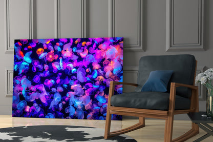 Glowing Neon Jellyfish Bloom Glass Wall Art