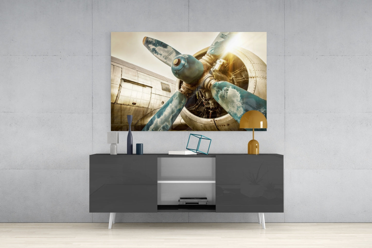 Vintage Propeller Airplane Glass Wall Art