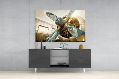 Vintage Propeller Airplane Glass Wall Art