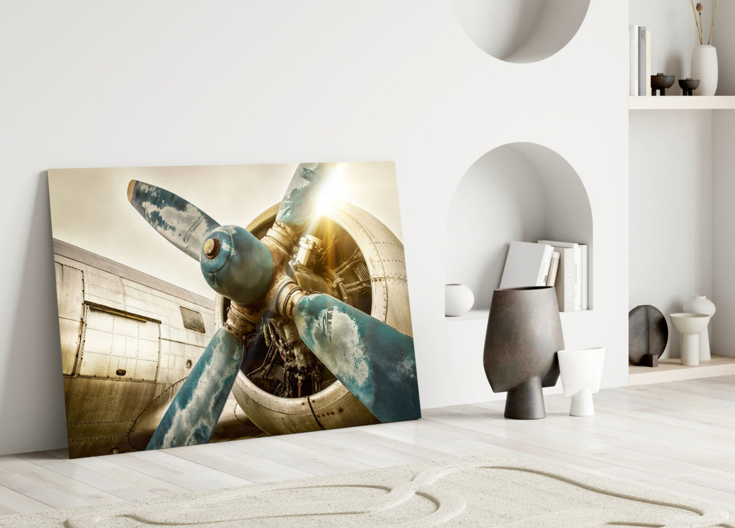 Vintage Propeller Airplane Glass Wall Art