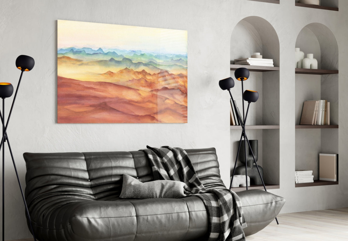 Abstract Watercolor Mountains Glass Wall Art, Layered Ranges