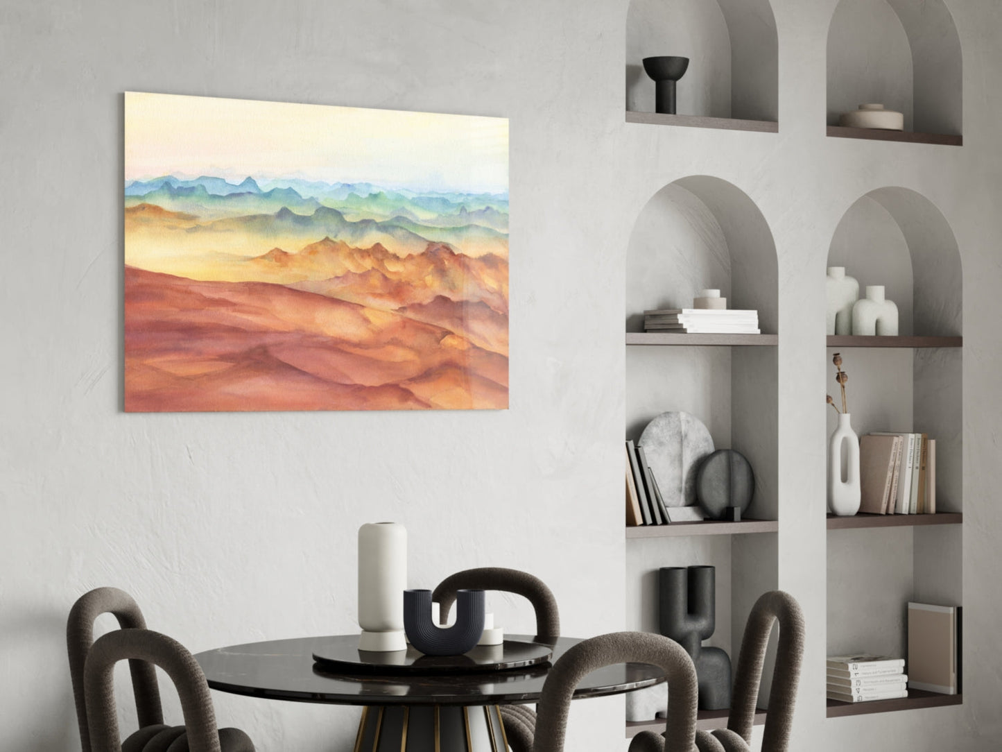 Abstract Watercolor Mountains Glass Wall Art, Layered Ranges