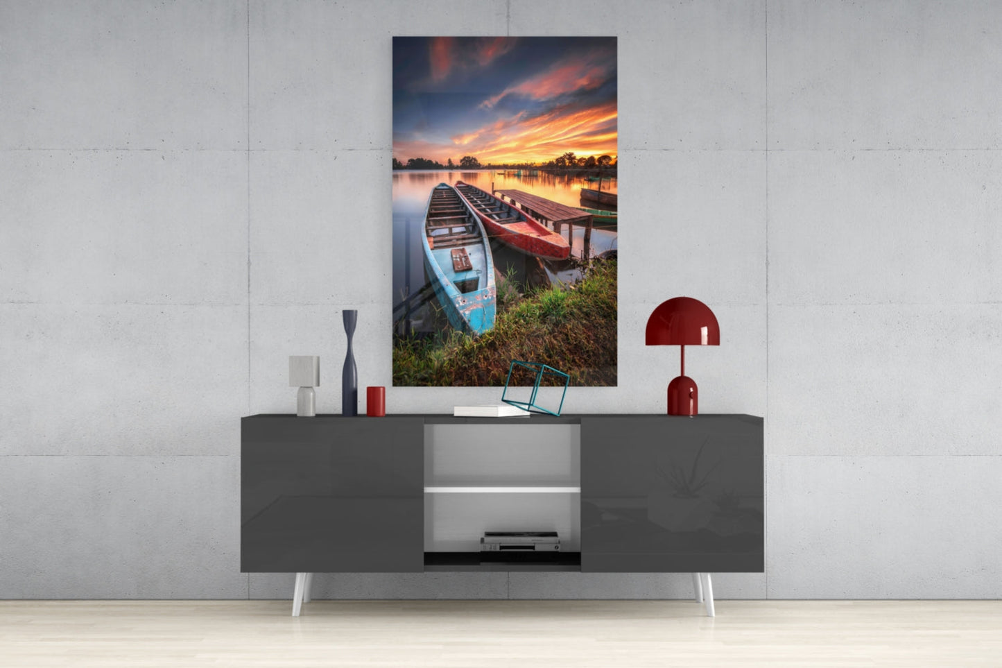 Lakeside Sunset Boats Glass Wall Art