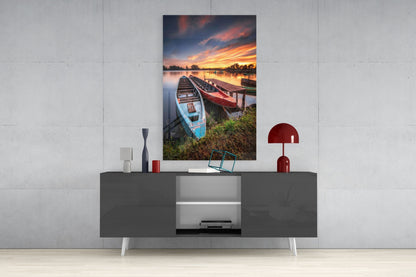Lakeside Sunset Boats Glass Wall Art