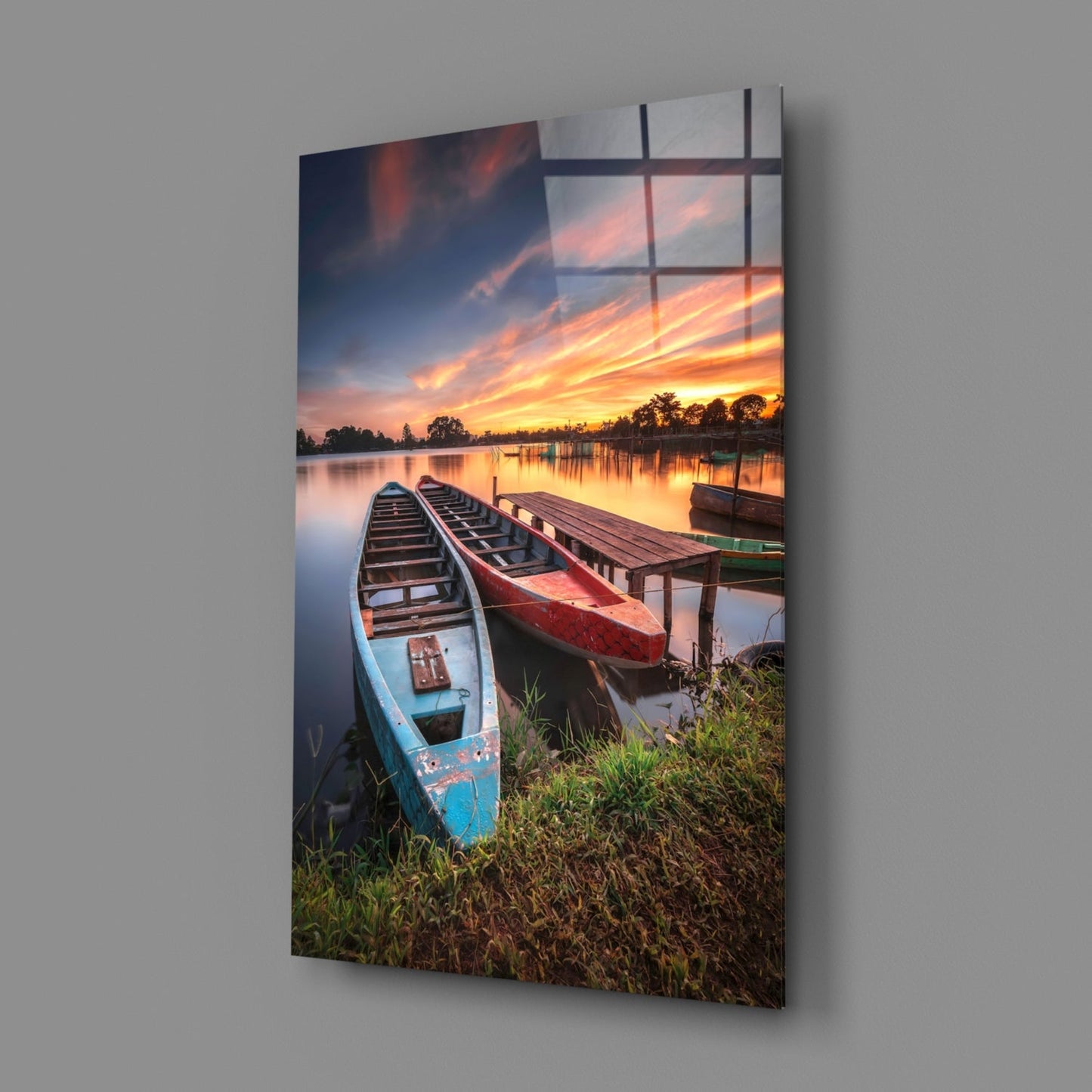 Lakeside Sunset Boats Glass Wall Art