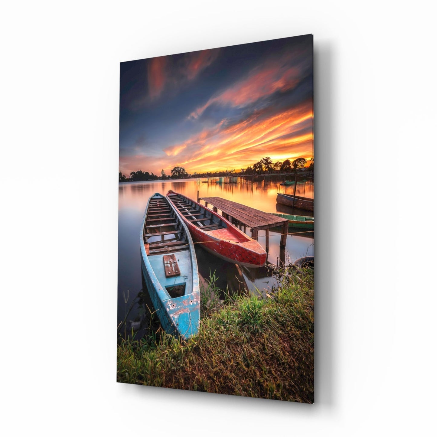 Lakeside Sunset Boats Glass Wall Art