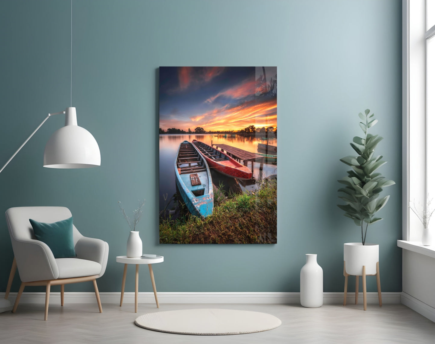 Lakeside Sunset Boats Glass Wall Art