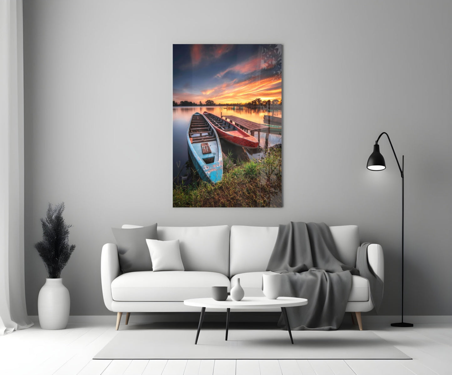Lakeside Sunset Boats Glass Wall Art