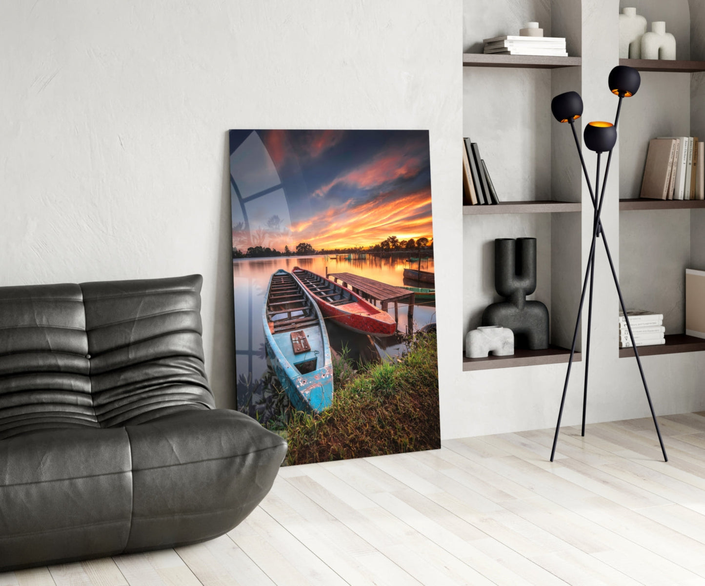 Lakeside Sunset Boats Glass Wall Art