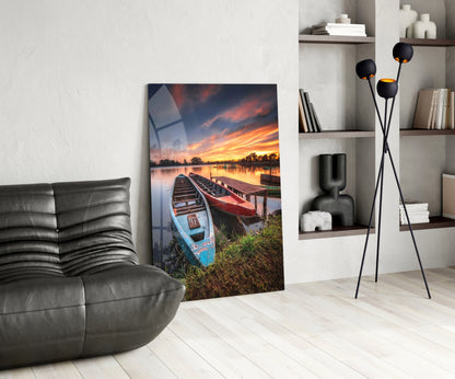 Lakeside Sunset Boats Glass Wall Art