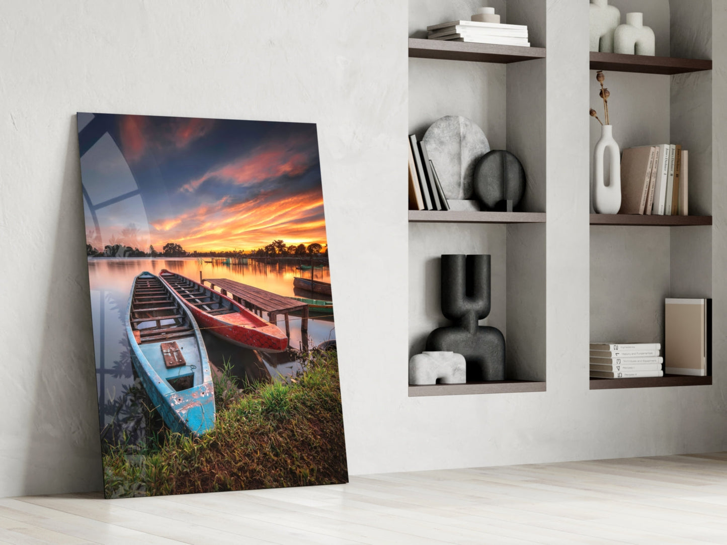 Lakeside Sunset Boats Glass Wall Art