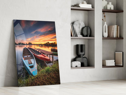 Lakeside Sunset Boats Glass Wall Art