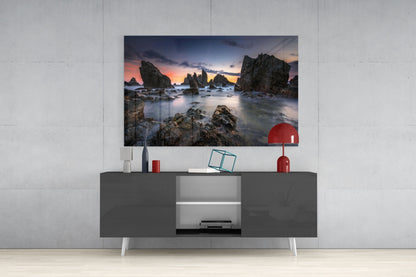 Sea Stacks at Dusk Glass Wall Art
