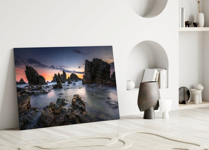 Sea Stacks at Dusk Glass Wall Art