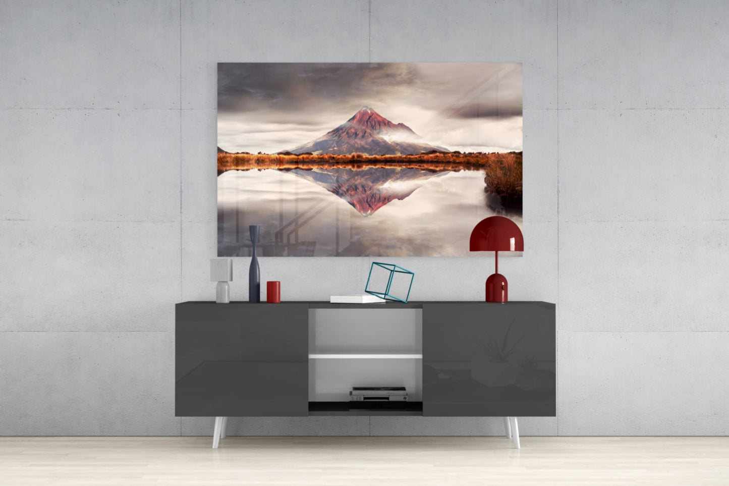 Volcano Reflection Glass Wall Art, Mirrored Mountain Landscape