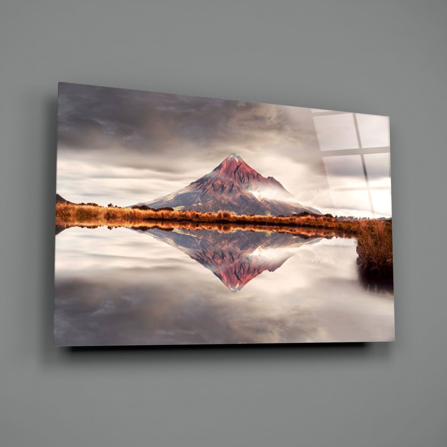 Volcano Reflection Glass Wall Art, Mirrored Mountain Landscape