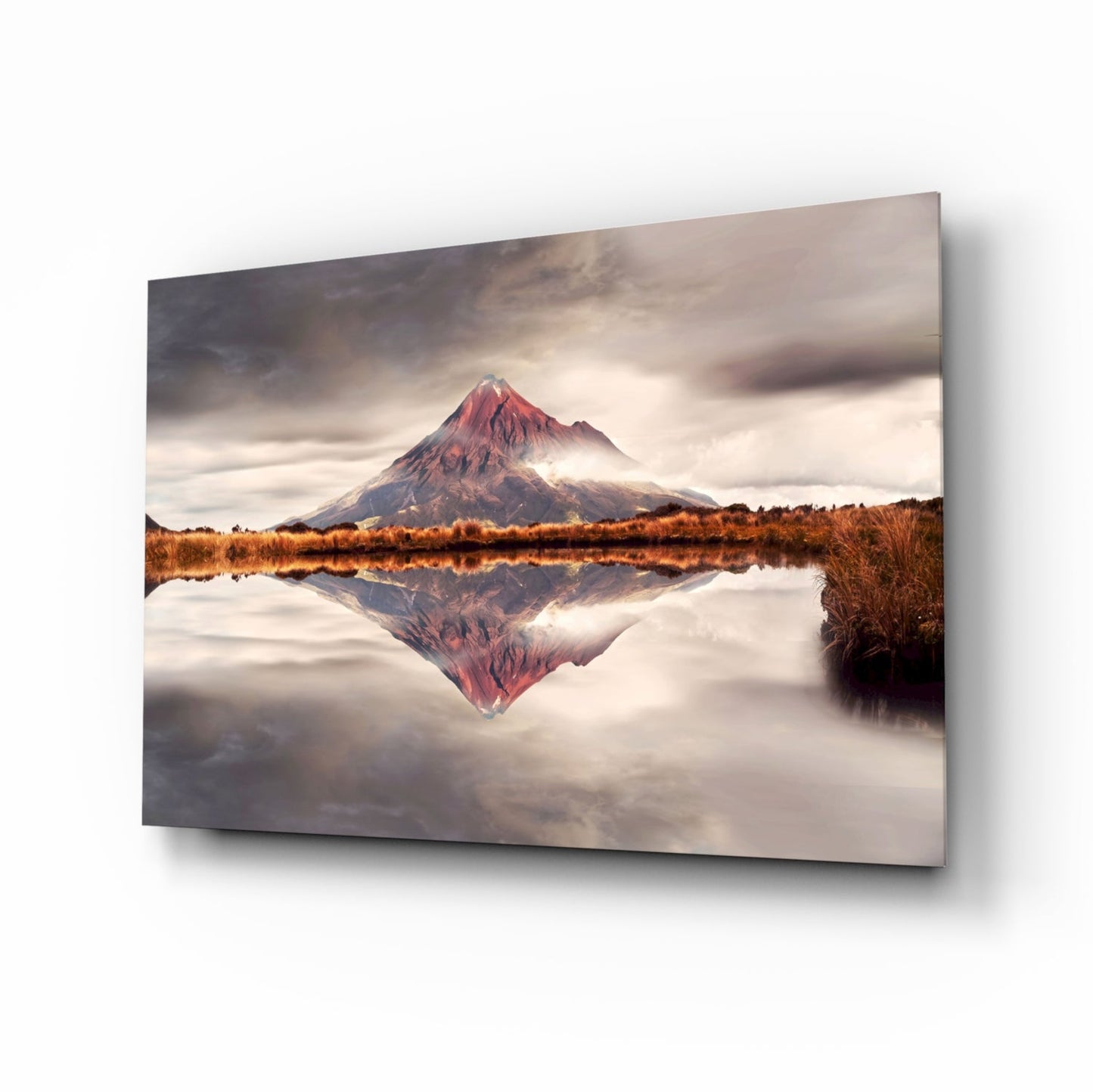 Volcano Reflection Glass Wall Art, Mirrored Mountain Landscape