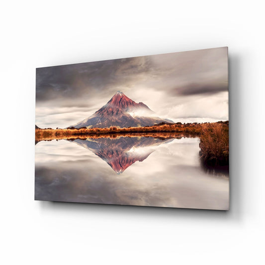 Volcano Reflection Glass Wall Art, Mirrored Mountain Landscape