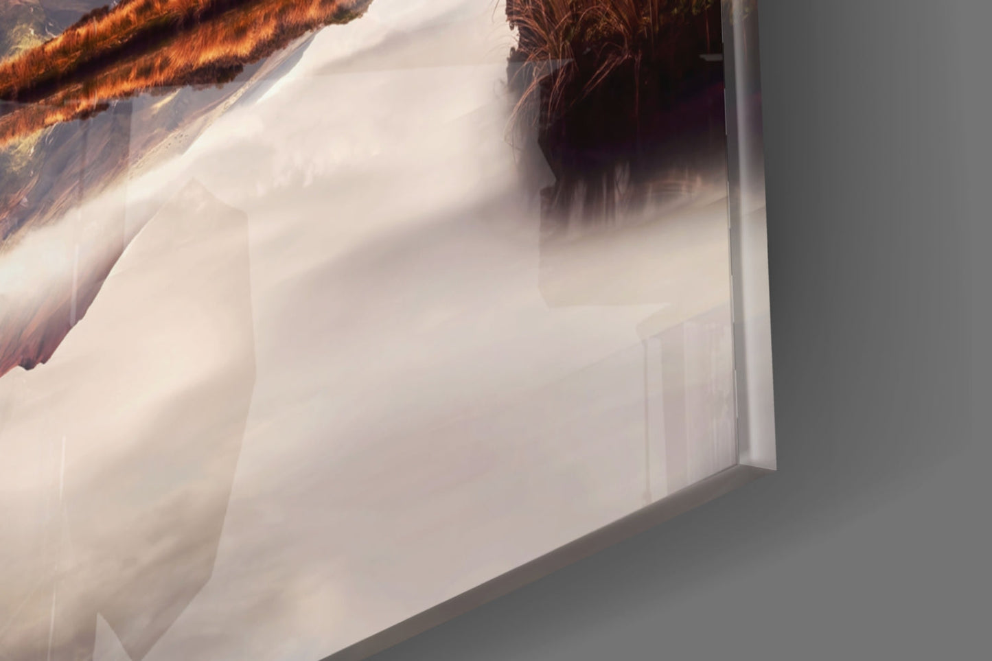 Volcano Reflection Glass Wall Art, Mirrored Mountain Landscape