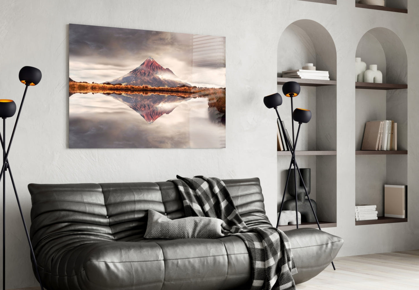 Volcano Reflection Glass Wall Art, Mirrored Mountain Landscape