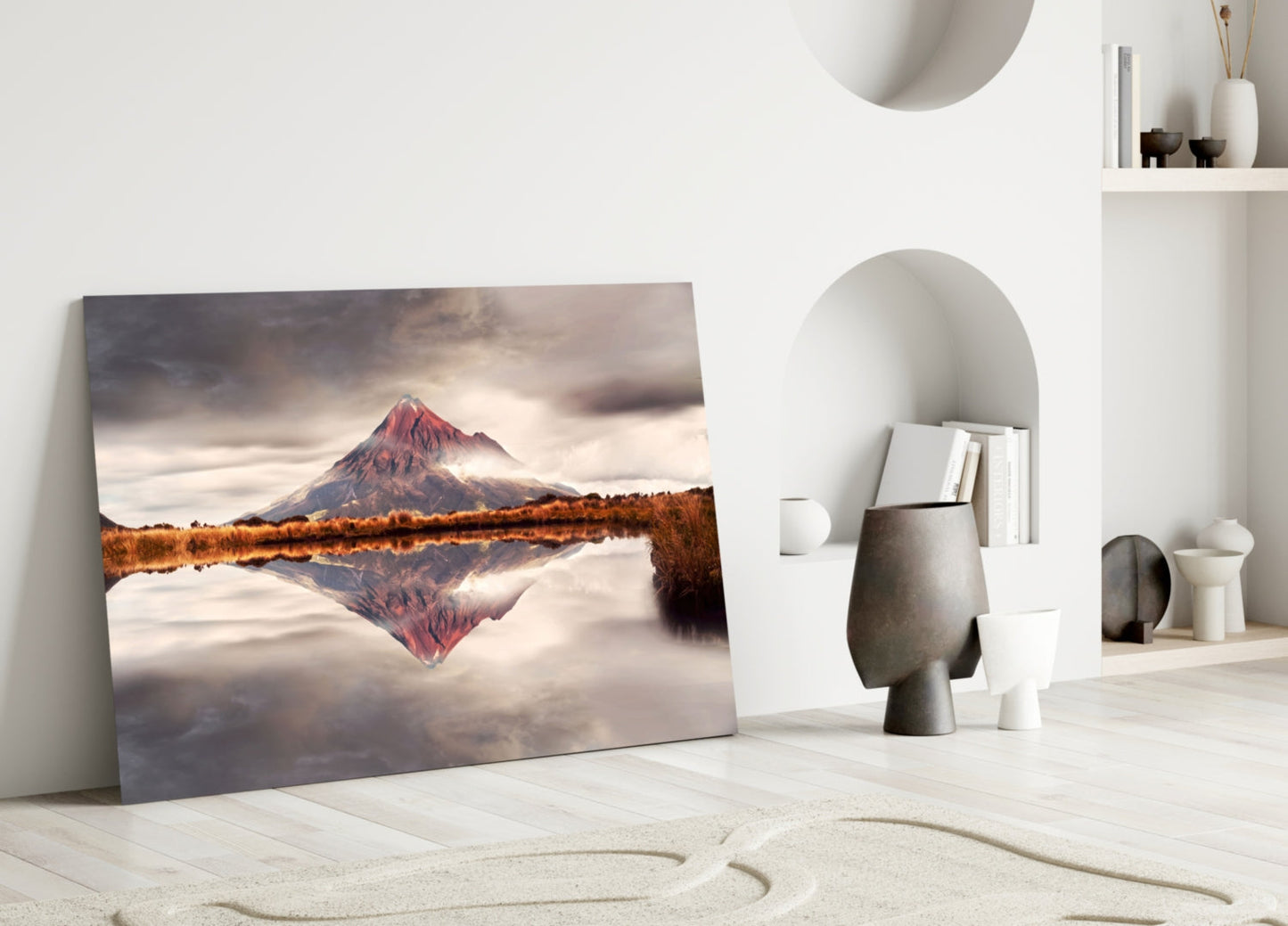 Volcano Reflection Glass Wall Art, Mirrored Mountain Landscape