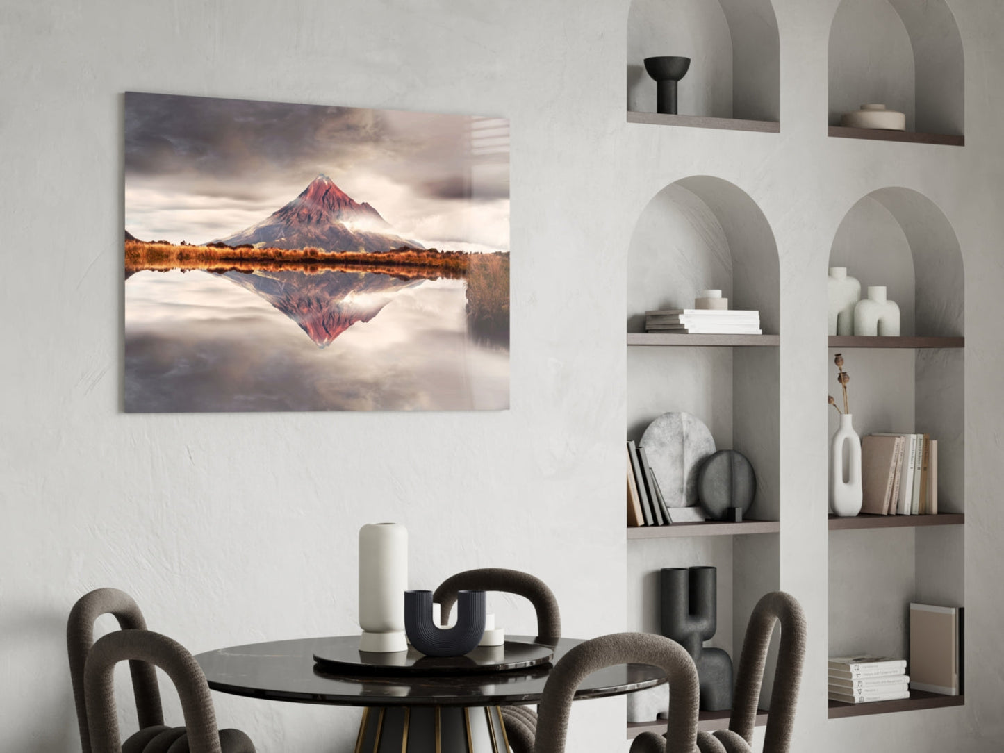Volcano Reflection Glass Wall Art, Mirrored Mountain Landscape