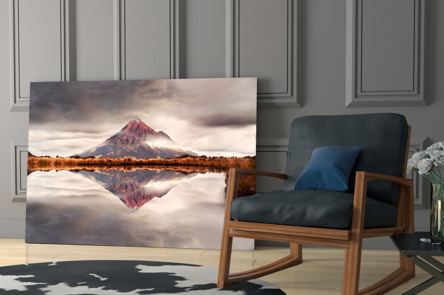 Volcano Reflection Glass Wall Art, Mirrored Mountain Landscape
