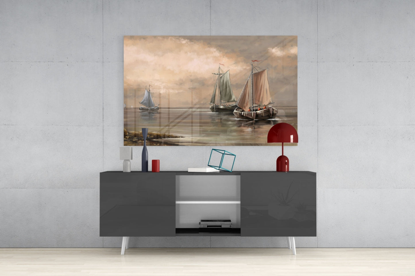 Misty Harbor Fishing Boats Glass Wall Art