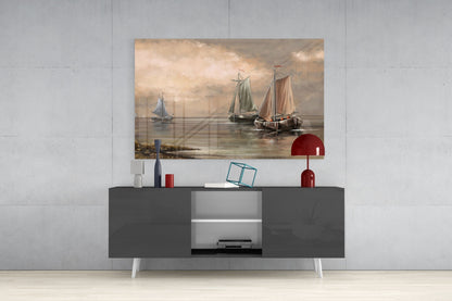Misty Harbor Fishing Boats Glass Wall Art