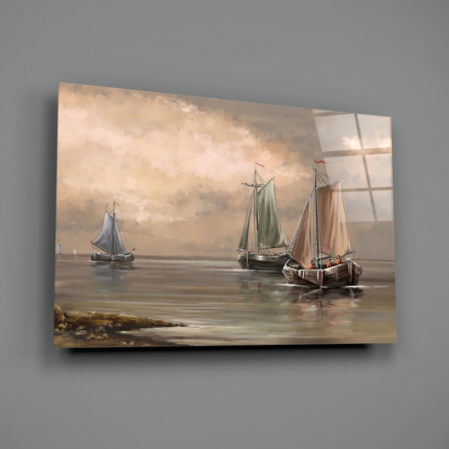 Misty Harbor Fishing Boats Glass Wall Art