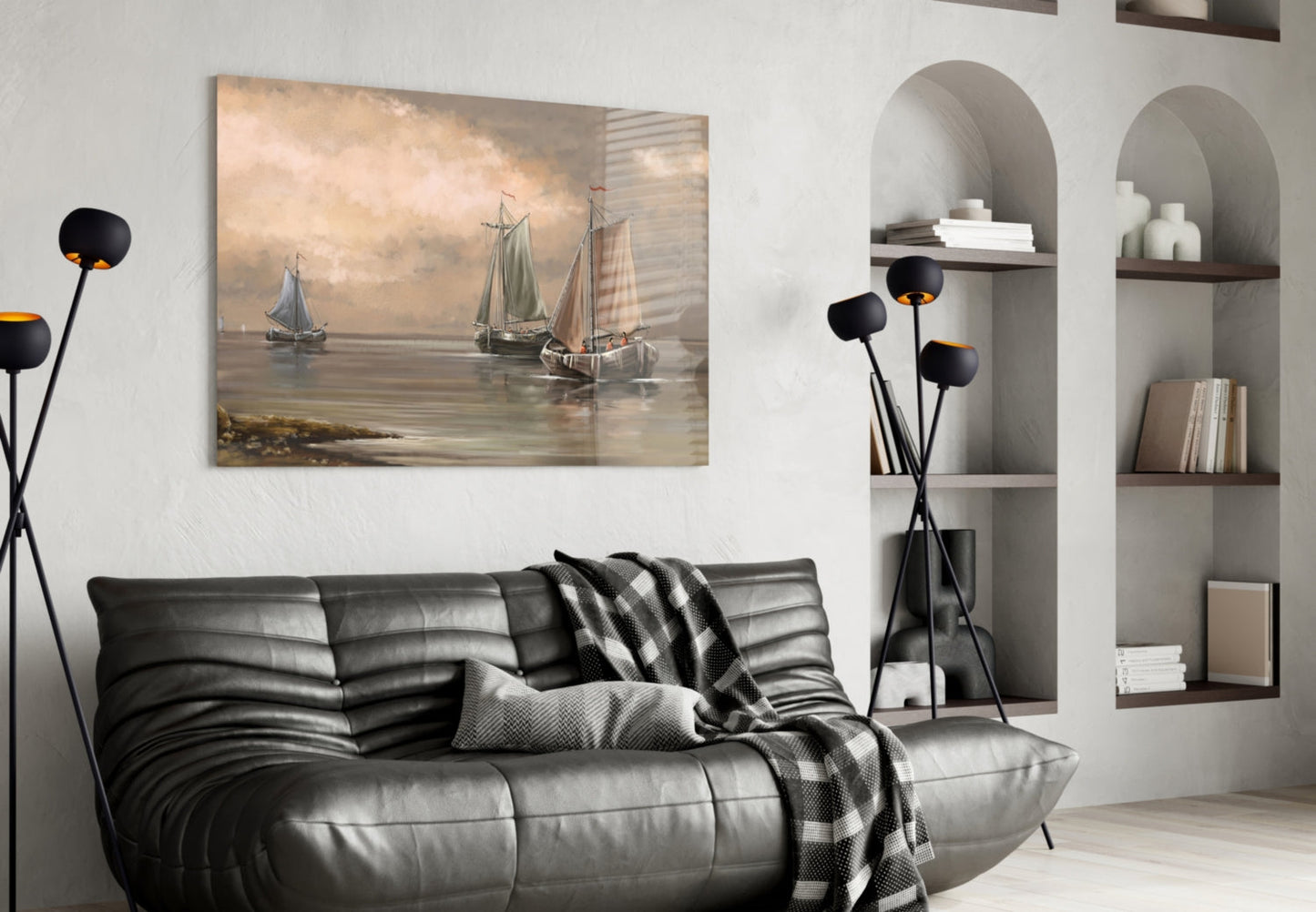 Misty Harbor Fishing Boats Glass Wall Art