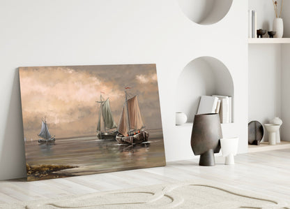 Misty Harbor Fishing Boats Glass Wall Art