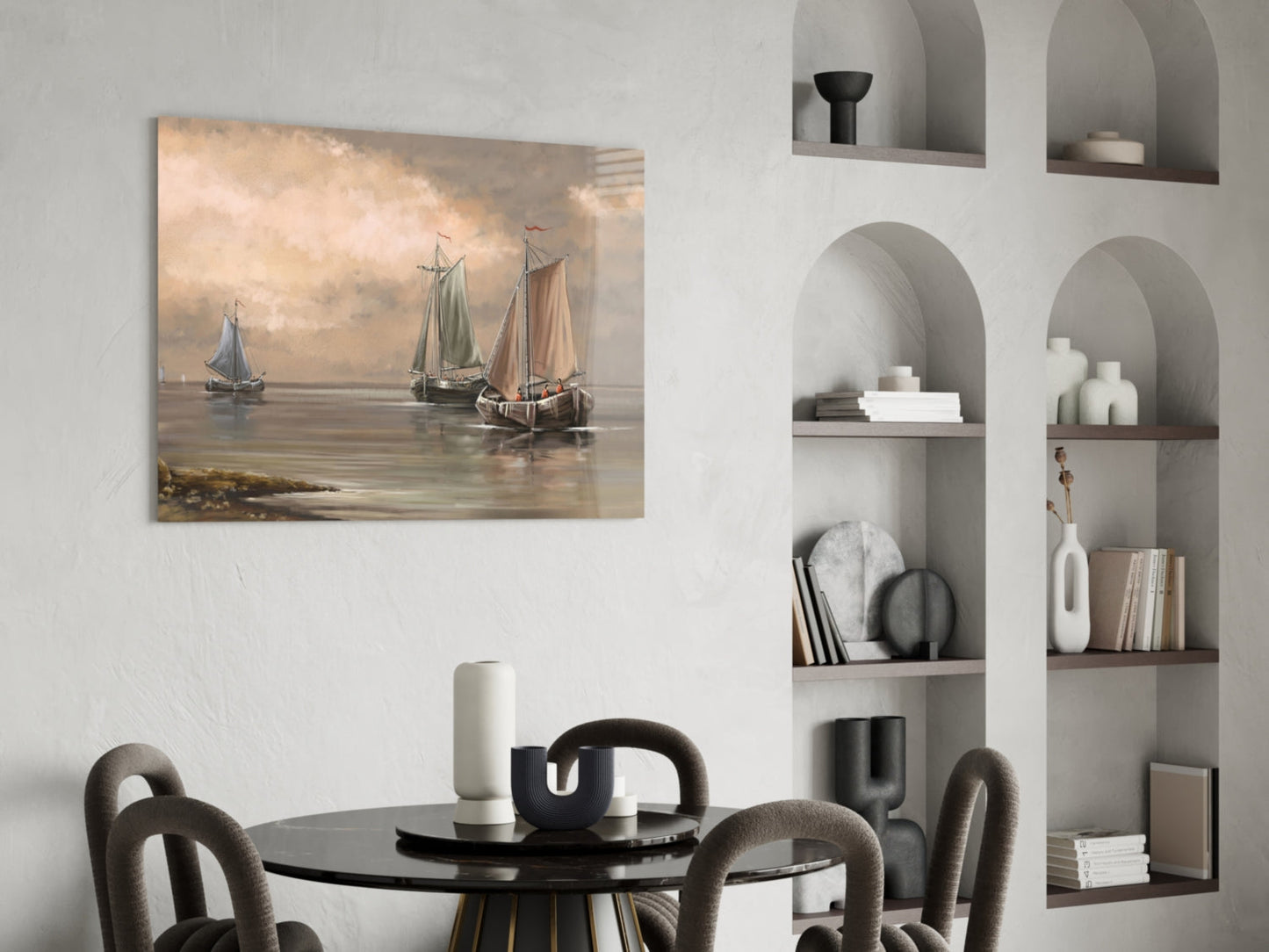 Misty Harbor Fishing Boats Glass Wall Art