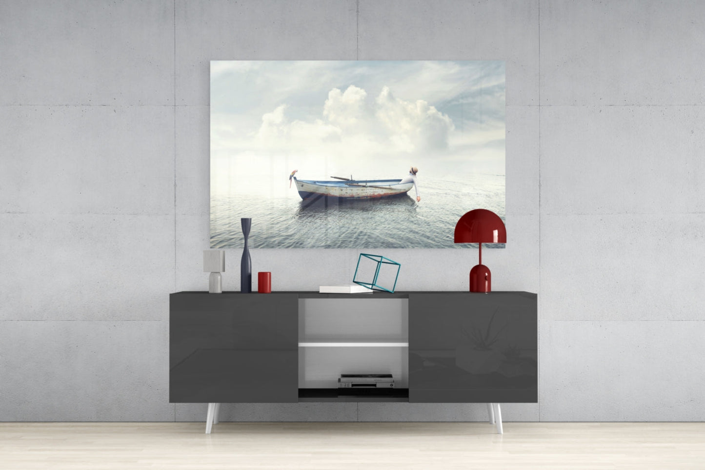 Misty Ocean Rowboat Glass Wall Art