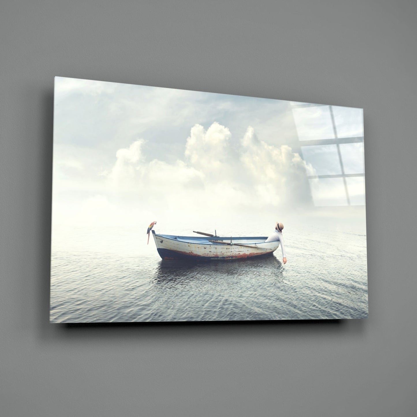 Misty Ocean Rowboat Glass Wall Art
