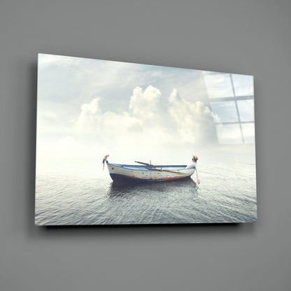 Misty Ocean Rowboat Glass Wall Art
